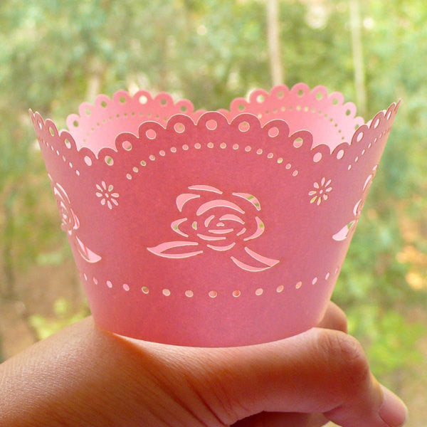 CLEARANCE Pink Rose Cupcake Wrappers Laser Cut Floral Cupcake