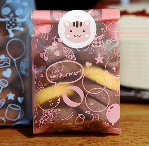 ToTo Rabbit Cellophane Bags w/ Cute Bunny & Sweets Drawing (20 pcs / Pink) Chocolate Bag Plastic Cello Bag Gift Packaging (7cm x 12cm) GB121