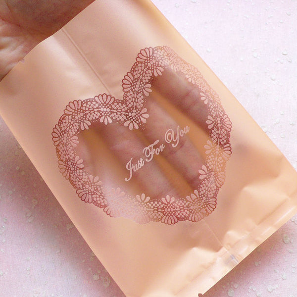 Valentines Days Gift Bags w/ Filigree Heart & Just For You (20pcs / Beige) Chocolate Bags Gift Wrap Packaging Supplies (11.2cm x 14cm) GB122