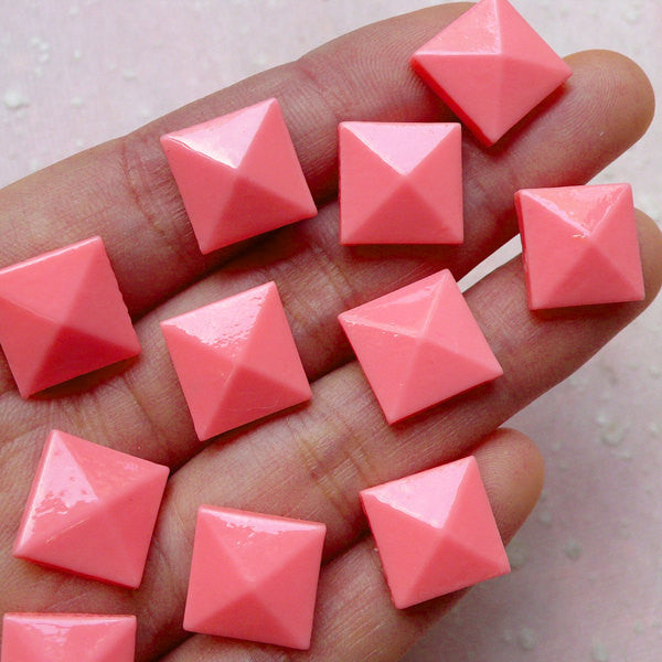 Facet Square Pyramid Cabochons (10pcs / Pink / 12mm / Flatback) Flat Back Resin Stud Embellishment Cute Phone Case Deco Decoden CAB394
