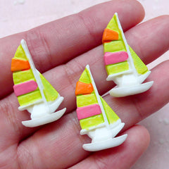 Sailboat Cabochons (3pcs / 15mm x 27mm / Flat Back) Sailing Boat Yacht Cell Phone Deco Nautical Scrapbook Whimsical Kitsch Jewelry CAB397