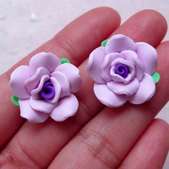 Fimo Rose Cabochon / Polymer Clay Floral (2pcs / 20mm / Purple / Flat Back) Fimo Flower Ring Earring DIY Scrapbooking Jewelry Supply CAB404