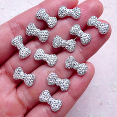 Small Bow Tie Cabochon w/ Rhinestones (12pcs / 12mm x 7mm / Silver / Flat Back) Mini Bowtie Earring Making Nail Art Nail Decoration NAC280