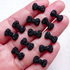 Mini Bow Cabochon w/ Rhinestones (12pcs / 12mm x 7mm / Black / Flat Back) Small Bowtie Earring DIY Nail Art Nail Deco Scrapbooking NAC279