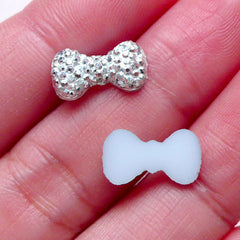 Small Bow Tie Cabochon w/ Rhinestones (12pcs / 12mm x 7mm / Silver / Flat Back) Mini Bowtie Earring Making Nail Art Nail Decoration NAC280