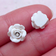 Mini Rose Cabochon w/ Clear Rhinestones (4pcs / 8mm / White / Flat Back) Flower Earrings DIY Floral Jewellery Wedding Nail Decoration NAC283