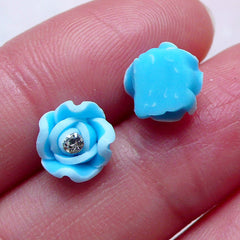 Mini Floral Cabochon w/ Clear Rhinestones (4pcs / 8mm / Blue / Flatback) Polymer Clay Rose Nail Art Nail Decoration Flower Jewelry NAC286