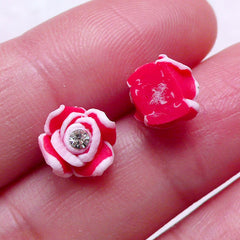 Red Rose Cabochon w/ Clear Rhinestones (4pcs / 8mm / Red / Flatback) Floral Nail Art Nail Decoration Embellishment Jewellery Making NAC290