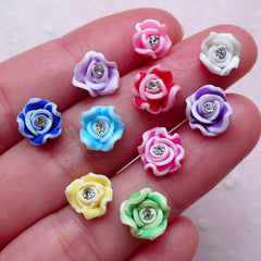 Assorted Rose Cabochon w/ Clear Rhinestones (10pcs / 8mm / Flatback) Floral Nail Art Flower Nail Decoration Wedding Jewelry Making NAC291