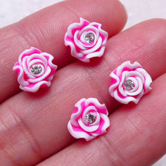 CLEARANCE Mini Flower Cabochon w/ Clear Rhinestones (4pcs / 8mm / Dark Pink / Flat Back) Rose Earrings DIY Floral Jewelry Nail Art Scrapbooking NAC281