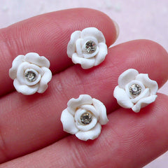 Mini Rose Cabochon w/ Clear Rhinestones (4pcs / 8mm / White / Flat Back) Flower Earrings DIY Floral Jewellery Wedding Nail Decoration NAC283