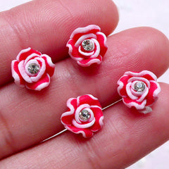 Red Rose Cabochon w/ Clear Rhinestones (4pcs / 8mm / Red / Flatback) Floral Nail Art Nail Decoration Embellishment Jewellery Making NAC290