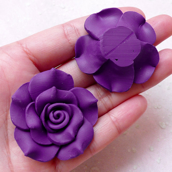 10 BLACK Polymer Clay Rose Flower Beads 20mm pol0118