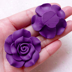 Polymer Clay Flower Cabochons (2pcs / 39mm / Purple / Flatback) Big Fimo Rose Earrings Ring DIY Floral Jewellery Supply Embellishment CAB418