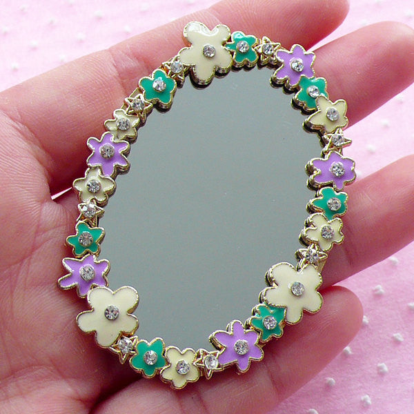 CLEARANCE Flower Mirror Cabochon w/ Rhinestones (Oval / 44mm x 63mm) Dollhouse Wall Mirror Kawaii Cabochon Cell Phone Deco Floral Embellishment CAB002