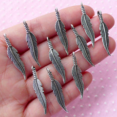 Feather Charms (10pcs) (32mm x 6mm / Tibetan Silver / 2 Sided) Floral Metal Findings Pendant Bracelet Earrings Zipper Pulls Keychain CHM653