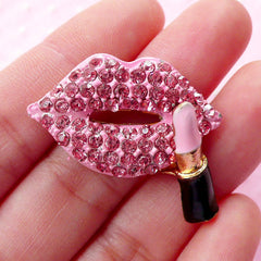 Light Pink Lip and Lipstick Metal Cabochon w/ Bling Bling Rhinestones (33mm x 28mm) Kiss Makeup Sexy Decoden Cellphone Deco Scrapbook CAB411