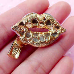 Light Pink Lip and Lipstick Metal Cabochon w/ Bling Bling Rhinestones (33mm x 28mm) Kiss Makeup Sexy Decoden Cellphone Deco Scrapbook CAB411