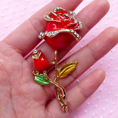 Rose Flower Metal Cabochon (Gold and Red w/ Clear Rhinestones) (69mm) Cell Phone Deco Scrapbooking Decoration Decoden Floral CAB312