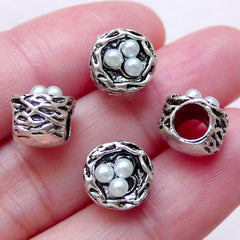 CLEARANCE 3D Bird Nest w/ Pearl Charm Beads (4 pcs / 9mm x 8mm / Tibetan Silver) Animal Nature Big Large Hole Bead European Bracelet Necklace CHM1553