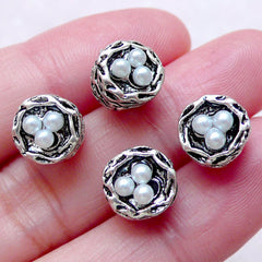 CLEARANCE 3D Bird Nest w/ Pearl Charm Beads (4 pcs / 9mm x 8mm / Tibetan Silver) Animal Nature Big Large Hole Bead European Bracelet Necklace CHM1553