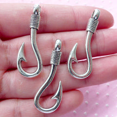 Fishing Charm Fish Hook Charms (3pcs / 13mm x 37mm / Tibetan Silver / 2 Sided) Sea Sports Charm Necklace Pendant Men Jewellery CHM1580