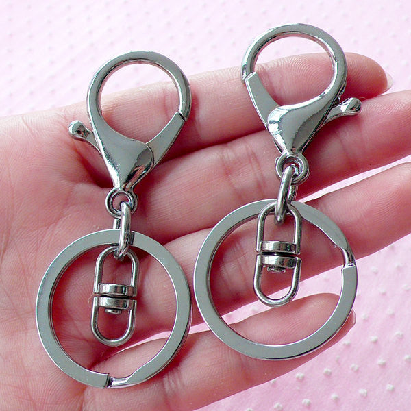 Silver Split Key Ring w/ Big Lobster Clasp & Swivel Ring (30mm x 68mm, MiniatureSweet, Kawaii Resin Crafts, Decoden Cabochons Supplies