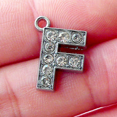 Alphabet F Charm with Clear Rhinestones (1 piece / 12mm x 17mm / Silver) Initial F Charm Letter Charm Personalized Bookmark Bracelet CHM1623