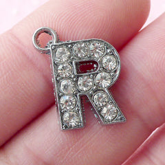 Letter R Charm with Bling Rhinestones (1 piece / 14mm x 17mm / Silver) Initial R Charm Alphabet Charm Personalized Gift Decoration CHM1635