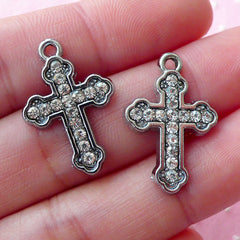 Silver Cross with Bling Bling Rhinestones Charms (2pcs / 16mm x 23mm / Silver) Christian Catholic Religious Jewelry Pendant Earrings CHM1644