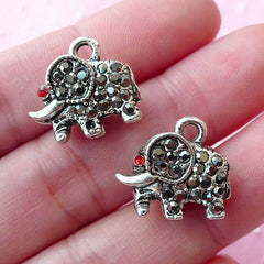 Indian Elephant Charms with Bling Bling Rhinestones (2pcs / 17mm x 15mm / Tibetan Silver) Exotic Animal Jewel Thai Jewelry Bracelet CHM1651