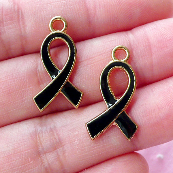 Black Ribbon Charm Awareness Enamel Charms (2pcs / 12mm x 21mm / Black & Gold) Remembrance Mourning Grief Death Funeral Key Chain CHM1656