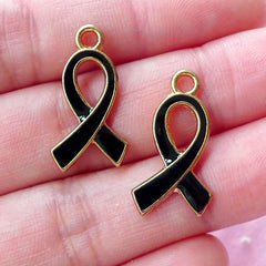Black Ribbon Charm Awareness Enamel Charms (2pcs / 12mm x 21mm / Black & Gold) Remembrance Mourning Grief Death Funeral Key Chain CHM1656