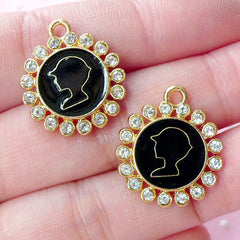 CLEARANCE Round Lady Cameo Charm with Rhinestones / Enamel Charms (2pcs / 18mm x 21mm / Gold & Black) Bracelet Necklace Pendant Purse Charm CHM1678