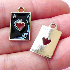 Poker Playing Card Charms / Ace of Spade Enamel Charm (2pcs / 11mm x 18mm / Gold & Black) Alice in Wonderland Zipper Pull Charm CHM1695