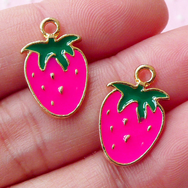 Kawaii Strawberry Enamel Charms / Colored Fruit Charm (2pcs / 11mm x 18mm /  Gold, Pink & Green) Cute Charm Bracelet Zipper Pull CHM1682