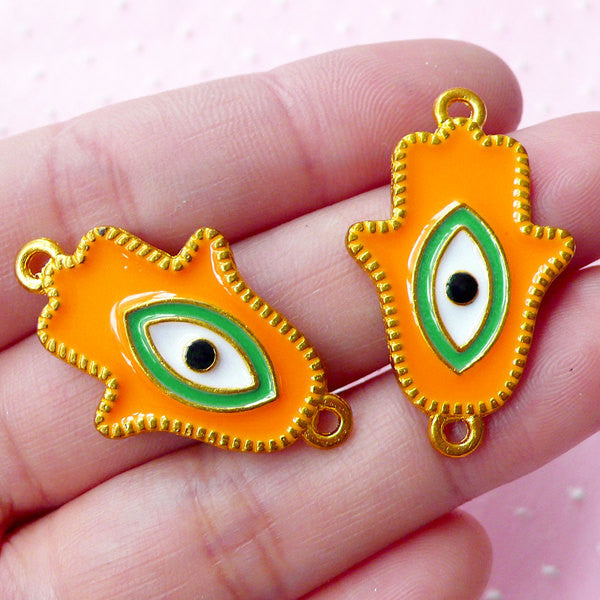 CLEARANCE Enameled Hamsa Hand with Evil Eye Connector Charms (2pcs / 20mm x 32mm / Gold, Orange & Green) Turkish Jewellery Nazar Stink Eye CHM1684