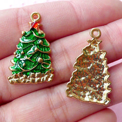 Enamel Christmas Tree Charm (2pcs / 16mm x 26mm / Gold & Green) Mini Christmas Ornament Party Decoration Favor Charm Wine Charm CHM1705