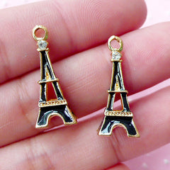 CLEARANCE 3D Eiffel Tower Enamel Charms w/ Clear Rhinestone (2pcs / 10m x 23mm / Gold and Black / 4 Sided) Paris Theme Jewelry Traveller Charm CHM1720