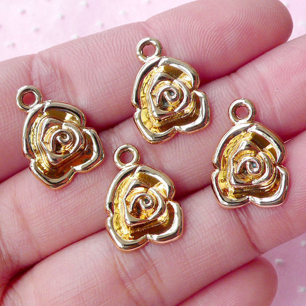 Gold Rose Charms Flower Charm (4pcs / 12mm x 17mm / Gold) Floral Jewel, MiniatureSweet, Kawaii Resin Crafts, Decoden Cabochons Supplies