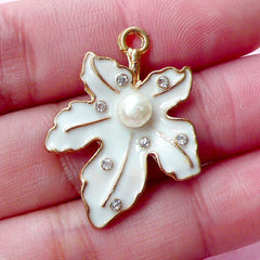 CLEARANCE White Flower Enamel Charm with Pearl & Rhinestones (1 piece / 23mm x 30mm / Gold and White) Floral Jewelry Leaf Charm Wedding Decor CHM1734