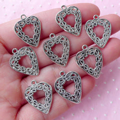 Filigree Heart Charms Heart Lace Charm (8pcs / 16mm x 21mm / Tibetan Silver / 2 Sided) Love Jewellery Valentines Wedding Favor Charm CHM1743