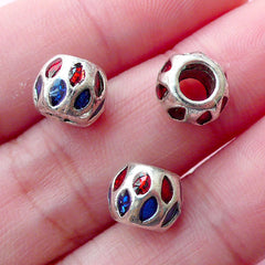 CLEARANCE Meenakari Enamel Round Beads (3pcs / 8mm x 7mm / Silver, Blue & Red) Large Hole Focal Bead Slider Focal Beads Bracelet Necklace Bead CHM1740