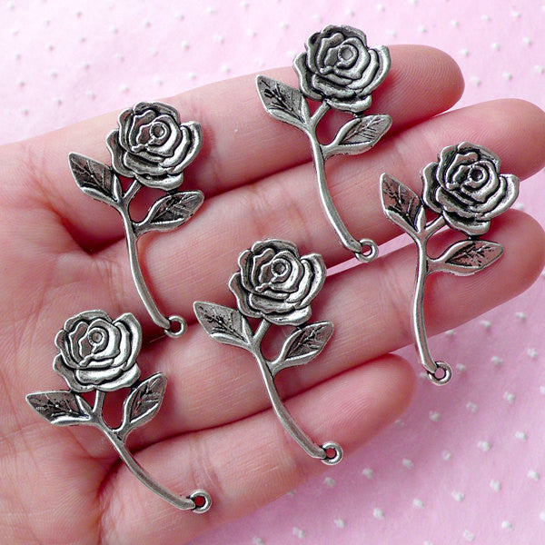 Silver Rose Charm Floral Charm 5pcs 20mm x 35mm Tibetan Silver F MiniatureSweet Kawaii Resin Crafts Decoden Cabochons Supplies Jewelry Making