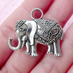 Indian Caparisoned Elephant Charms (1 piece / 31mm x 28mm / Tibetan Silver / 2 Sided) Thai Jewellery Exotic Animal Pendant Necklace CHM1751