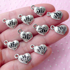 CLEARANCE Silver Heart with Crown Charms Heart Tag Charm (10pcs / 14mm x 11mm / Tibetan Silver) Kawaii Princess Jewelry Sweet 16 Favor Charm CHM1763