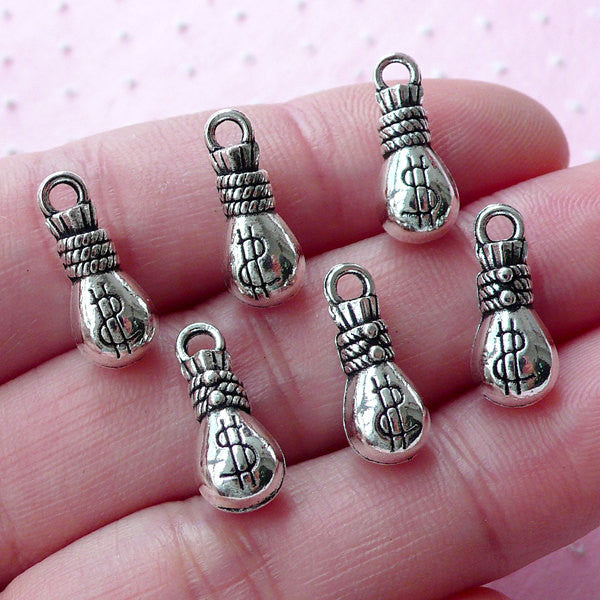 Clearance 3D Cash Bag Charms Money Pouch Charm Coin Purse Charm (6pcs / 6mm x 15mm / Tibetan Silver / 2 Sided) Dollar Wealth Wealthy Charm CHM1775