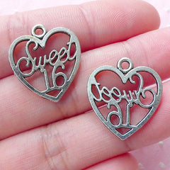 Sweet 16 Charms Heart Tag Charm (6pcs / 19mm x 21mm / Tibetan Silver) Sweet Sixteen Word Message Charm Favor Charm Gift Decoration CHM1778