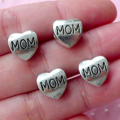 CLEARANCE Mom Heart Beads (4pcs / 10mm x 11mm / Tibetan Silver / 2 Sided) Large Big Hole European Bead Slider Focal Bead Mothers Day Jewelry CHM1780