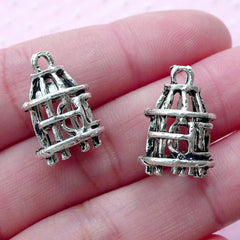 CLEARANCE Silver Bird Cage Charms in 3D (2pcs / 13mm x 18mm / Tibetan Silver) Birdcage Whimsical Jewelry Pendant Necklace Miniature Dollhouse CHM1784